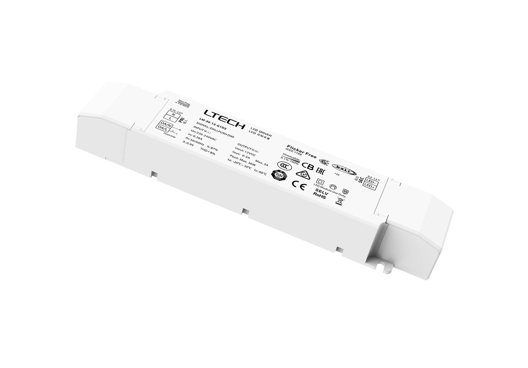 LM-36-12-G1D2  DALI; Push Dim; PWM; 36W; C. Voltage Linear Dimmable Driver; 12V; Max Current Output: 3A; EFF>91.5%; 5yrs Warranty.